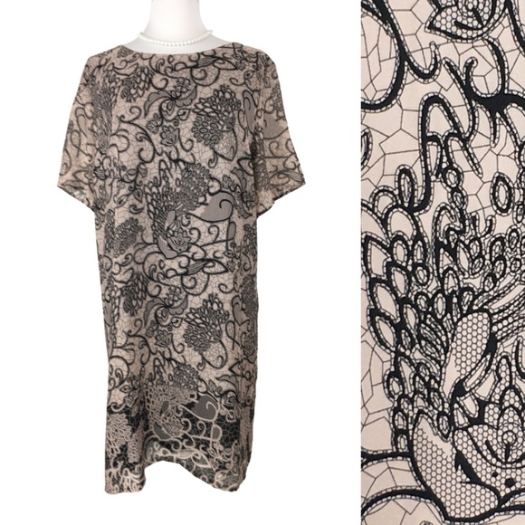Signature Collestion Dresses & Skirts - Signature Collection Avon Chiffon Nude with Black Lace Print Midi Dress size 2X